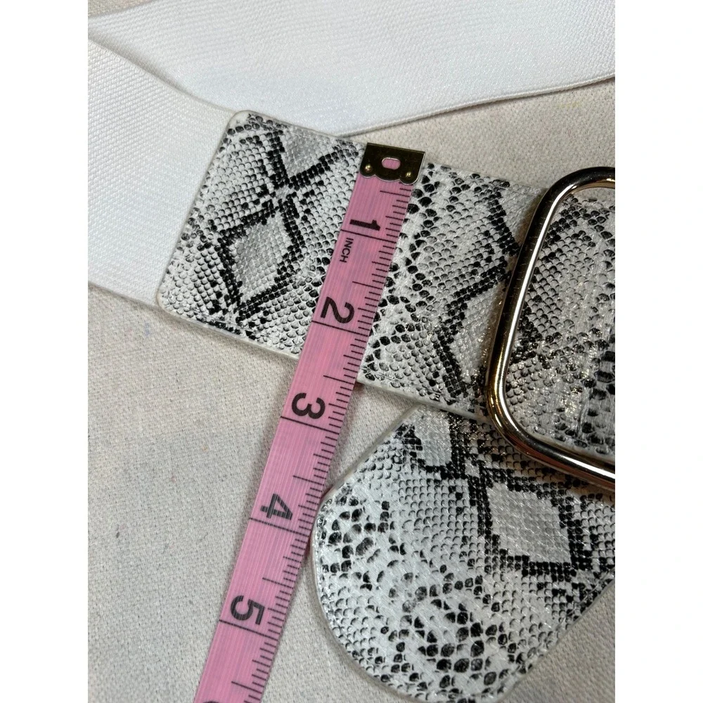Women Snakeskin Print Wide Elastic Cinch Belt Gold Square Buckle IE6084SNK White